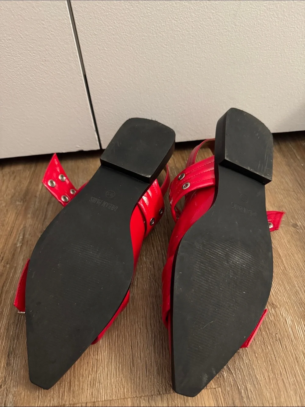 Red Pointed Toe Buckle Flats - Women Shoes